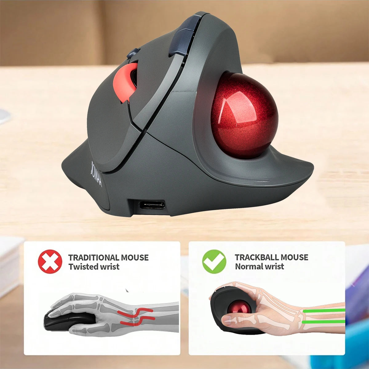 Ratón Trackball inalámbrico Bluetooth JOMAA, ratón Rollerball Vertical, ratones ergonómicos recargables con bolsa para ordenador portátil